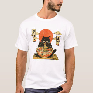 Camiseta Ramen de gato negro de grabado en madera japonés v