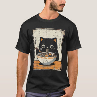 Camiseta Ramen Japonés Gato Negro Kawaii Fideos Arte Mujere
