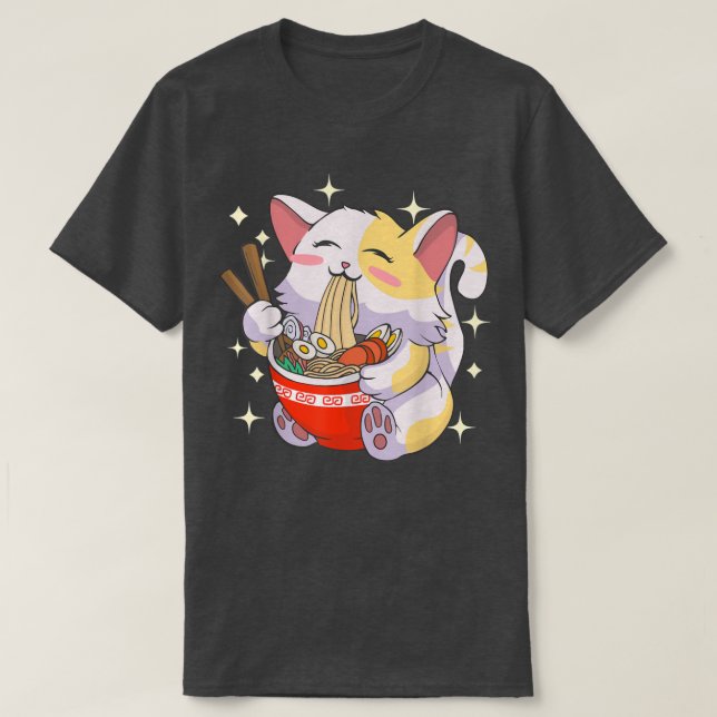 Camiseta Ramen Shirt Cat Eating Noodles Japanese Food Anime (Diseño del anverso)