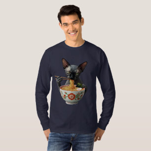 Camiseta Ramen y gatos Sfinx sin pelo negro gatos hombres