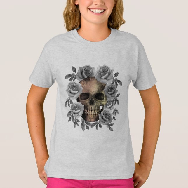 CAMISETA RAMO DE FLORES DE CALAVERA NEGRO Y BLANCO (Anverso)