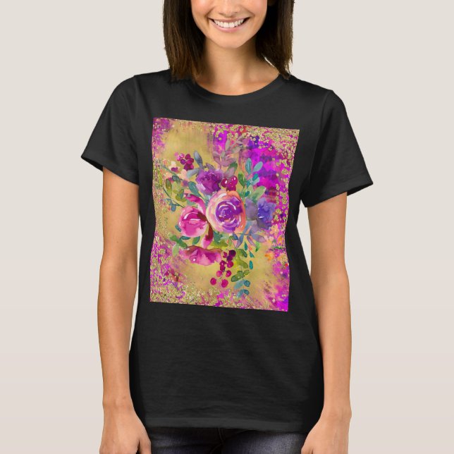 Camiseta Ramo de flores en acuarela sobre rosa frambuesa (Anverso)