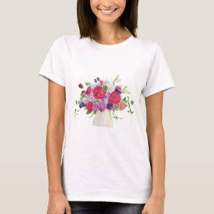 Camiseta ramo de rosa rojo pintado a mano hidrangea