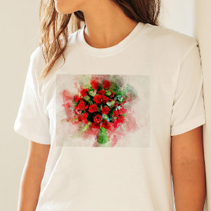 Camiseta Ramo de Rosas Rojas Acuarela sobre Fondo Blanco