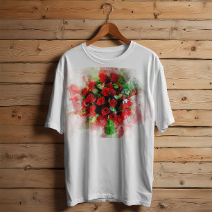 Camiseta Ramo de Rosas Rojas Acuarela sobre Fondo Blanco