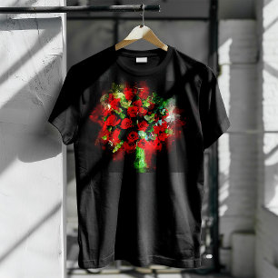 Camiseta Ramo de Rosas Rojas Acuarela sobre Fondo Negro