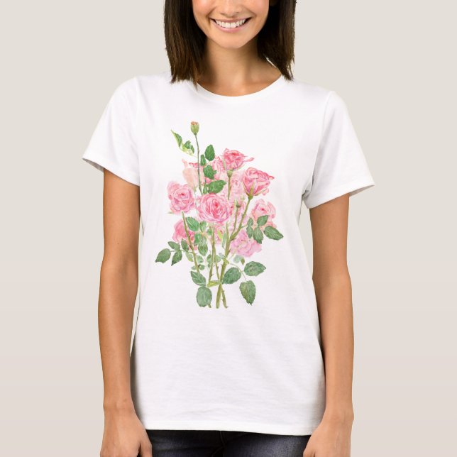 Camiseta ramo de rosas rosadas pintadas a mano (Anverso)