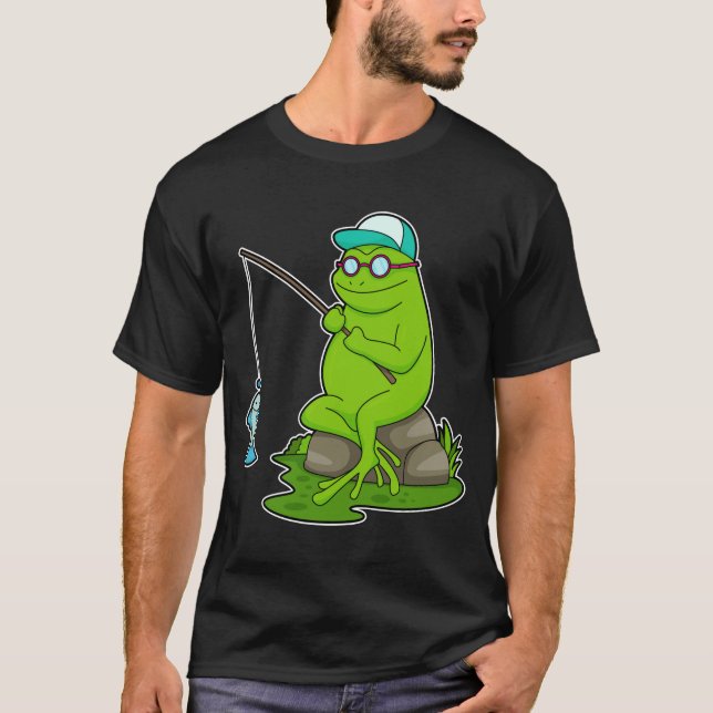 Camiseta Rana como pescador con barra de pesca y pescado (Anverso)