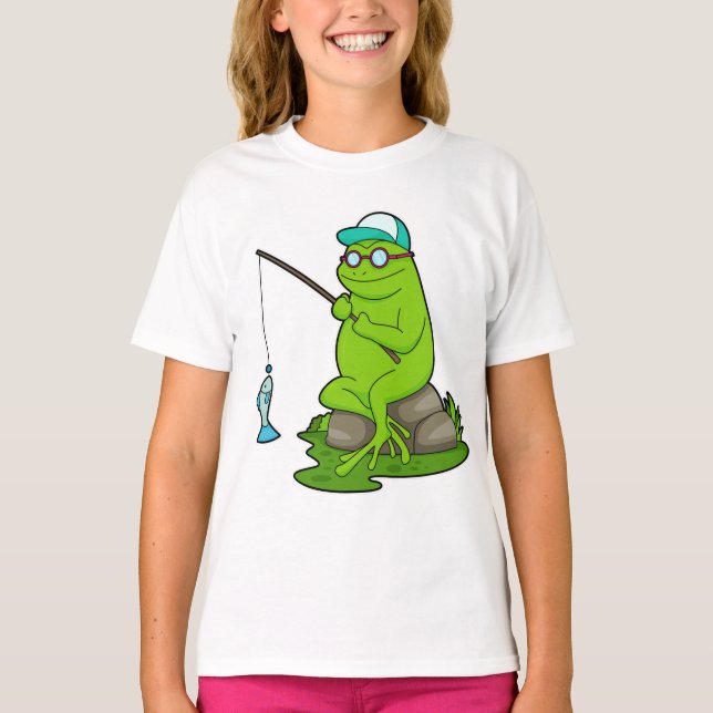 Camiseta Rana como pescador con barra de pesca y pescado (Anverso)