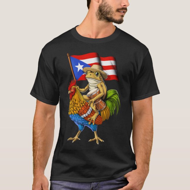 Camiseta Rana coqui puertorriqueña montando gallo (Anverso)