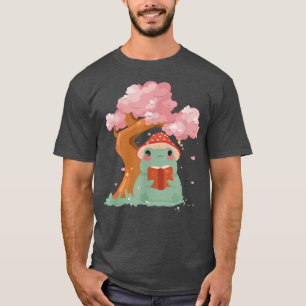 Camiseta Rana cute kawaii leyendo Sakura Cherry Blossom tre