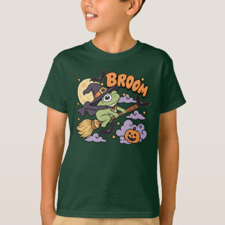 Camiseta Rana divertida de Halloween Bruja Escoba Calabaza