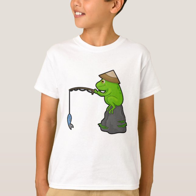Camiseta Rana en piedra al pescar con vara y pescado (Anverso)