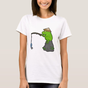 Camiseta Rana en piedra al pescar con vara y pescado
