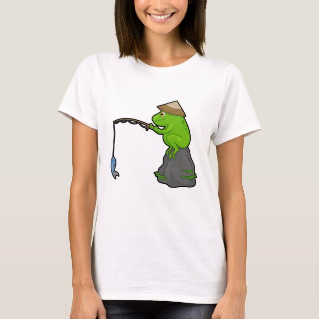 Camiseta Rana en piedra al pescar con vara y pescado (Anverso)