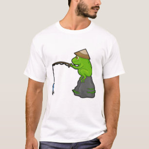 Camiseta Rana en piedra al pescar con vara y pescado