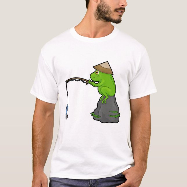 Camiseta Rana en piedra al pescar con vara y pescado (Anverso)