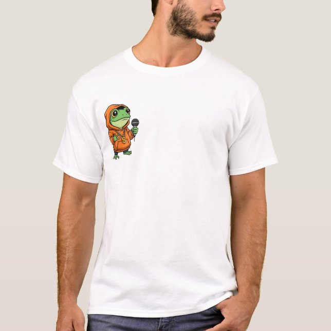 Camiseta Rana Fresca Rapera con Capucha Naranja y Micrófono (Anverso)
