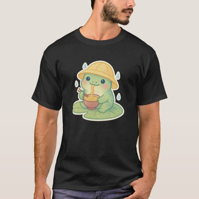 Camiseta Rana Kawaii comiendo Ramen en Lily Pad - Lluvia su (Anverso)