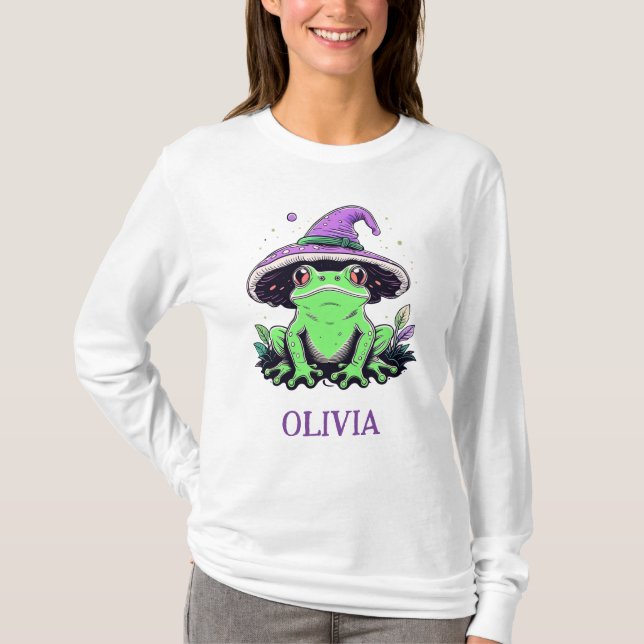 Camiseta Rana verde con Gorra de bruja morada (Anverso)