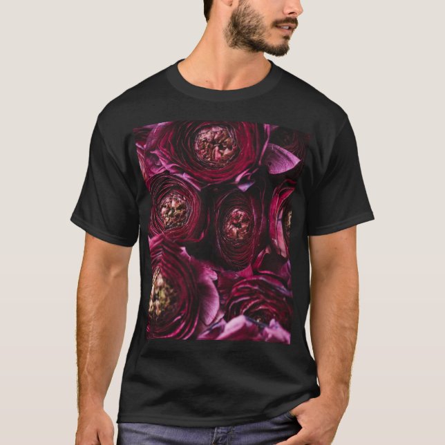 Camiseta Ranunculus morado oscuro, floreciente acercamiento (Anverso)