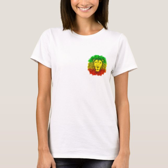 Camiseta Rasta cabeza de león rojo dibujo verde amarillo Ja (Anverso)
