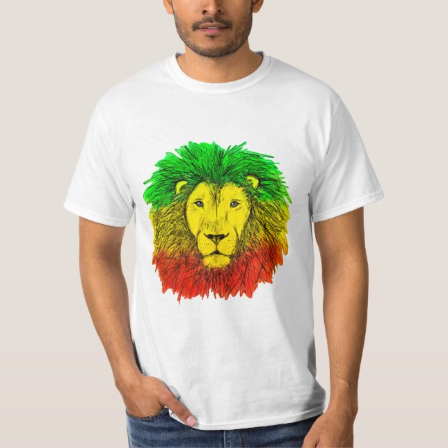 Camiseta Rasta cabeza de león rojo dibujo verde amarillo Ja (Anverso)