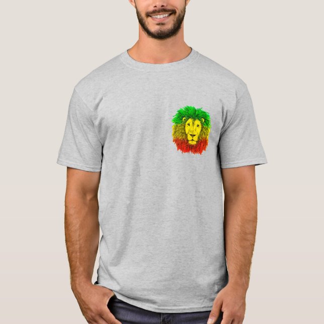 Camiseta Rasta cabeza de león rojo dibujo verde amarillo Ja (Anverso)