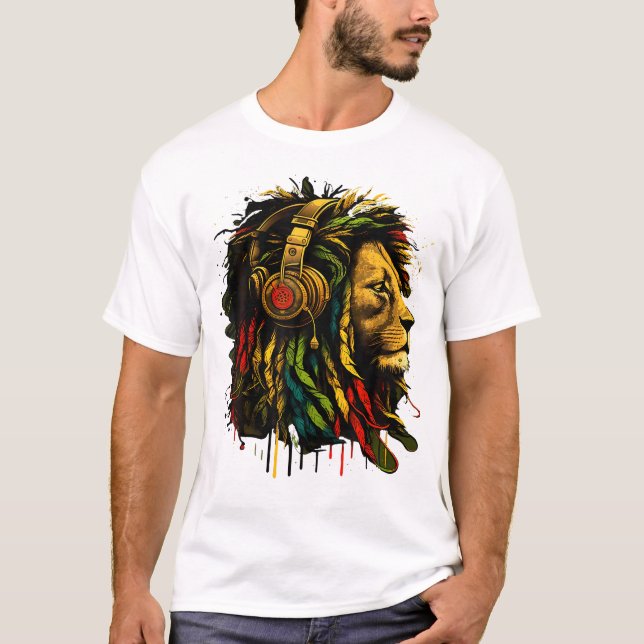 Camiseta Rasta Reggae Music Auriculares León del Orgullo Ja (Anverso)
