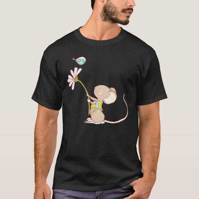 Camiseta Ratón Cuto Pequeño Con Flor De Pájaro L Niños Rató (Anverso)