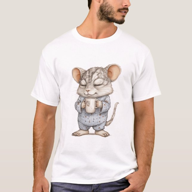 Camiseta Ratón espeluznante en pijamas sosteniendo tazas de (Anverso)