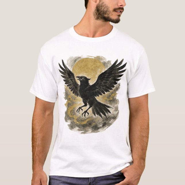 Camiseta 【Raven and Golden Moon Japanese Ink Art T-Shirt】 (Anverso)
