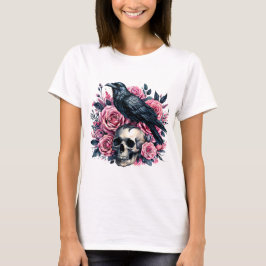 Camiseta Raven & Pink Roses – Gothic Skull Watercolor