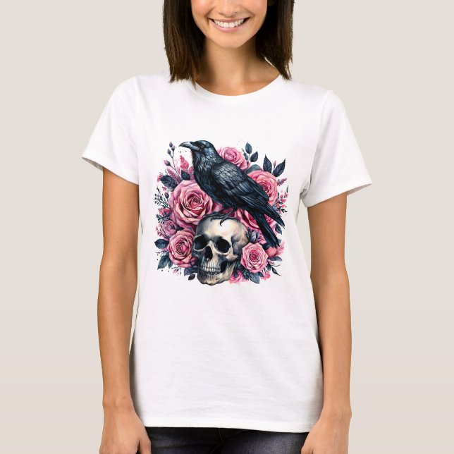 Camiseta Raven & Pink Roses – Gothic Skull Watercolor (Anverso)