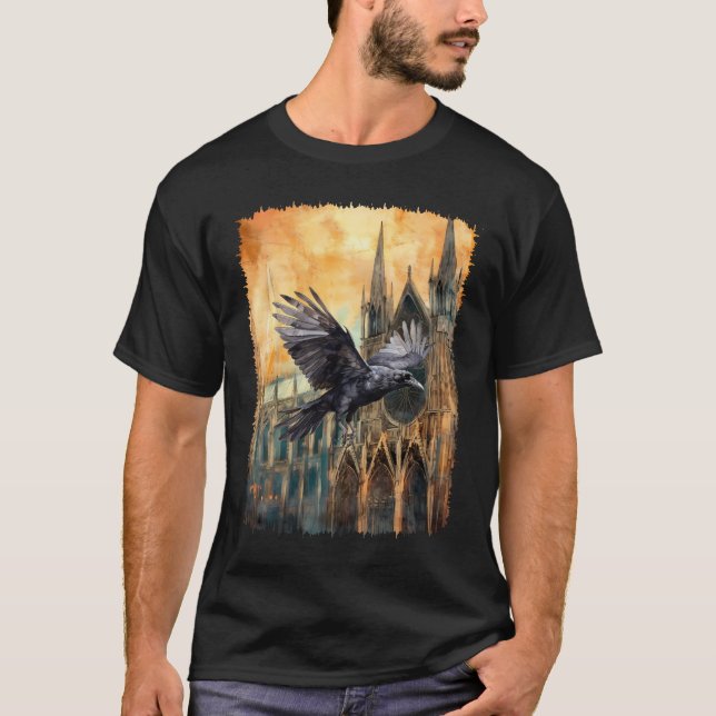 Camiseta Raven volador y catedral gótica medieval (Anverso)