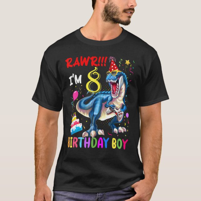 Camiseta Rawr I'm 8 Years Old Birthday Boy Gamer Dinosaur R (Anverso)