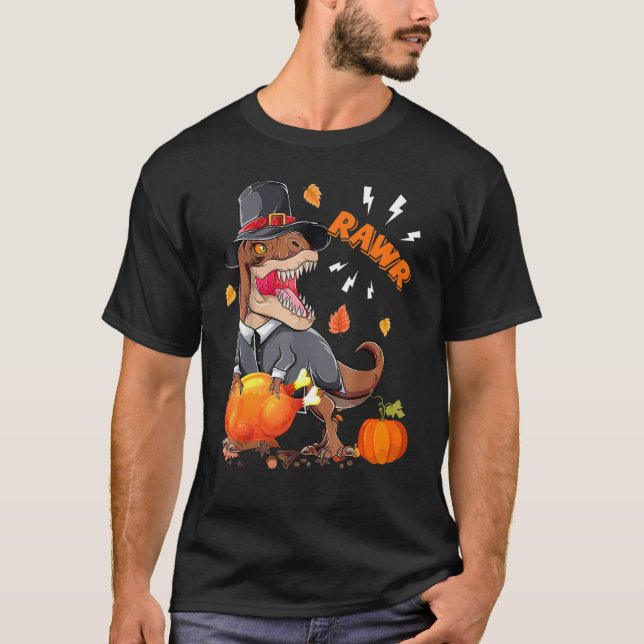 Camiseta Rawr Pilgrim Rex With Turkey Fall Vibes Happy Than (Anverso)
