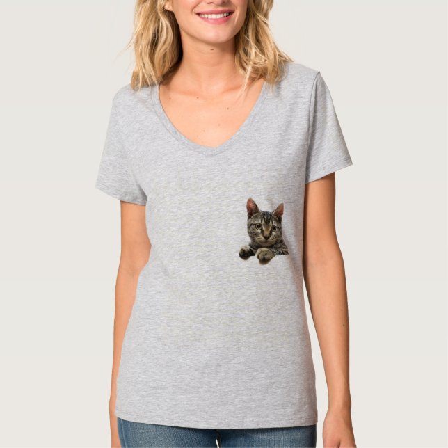 Camiseta rayada gris del gato de Tabby para las (Anverso)