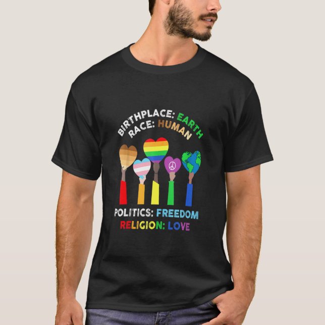 Camiseta Raza Lgbt Lugar de nacimiento Tierra Religión Amor (Anverso)