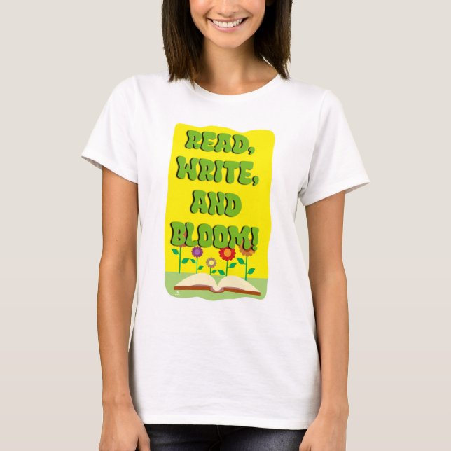 Camiseta Read Write Bloom Cool Bookworm Slogan (Anverso)