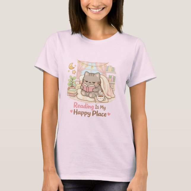 Camiseta Reading is My Happy Place Cute Kitty Cat Pink (Anverso)