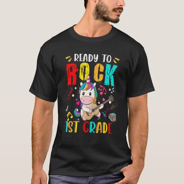 Camiseta Ready To Rock 1st Grade Unicorn Playing Guitar (Anverso)