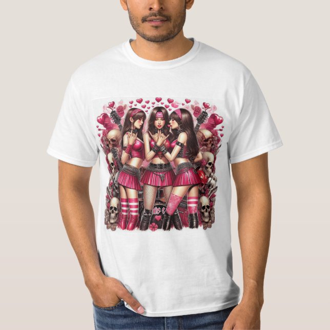 Camiseta Rebeldía Rockera: Belleza y Pasión en Rosa y Rojo (Anverso)