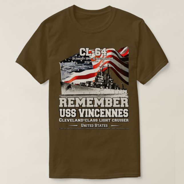 Camiseta RECUERDE USS Vincennes CL64 veteranos de la marina (Diseño del anverso)