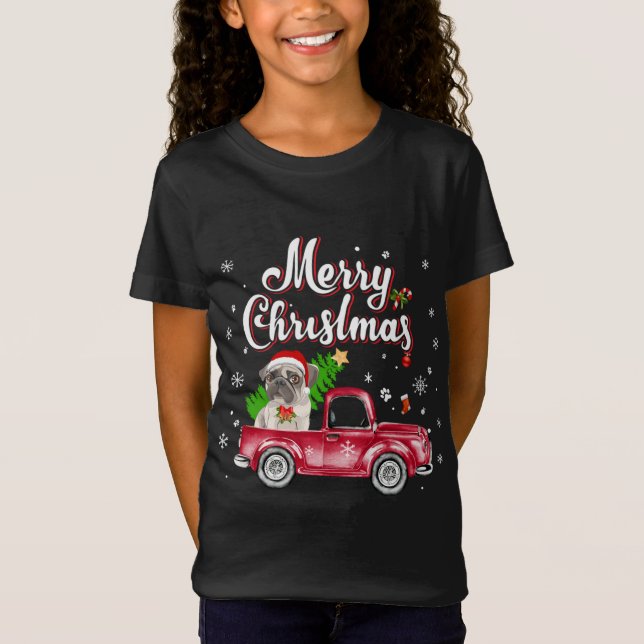 Camiseta Recuperador de Pug monta Navidades de Camión Rojo  (Anverso)