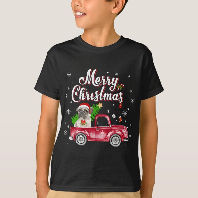 Camiseta Recuperador de Pug monta Navidades de Camión Rojo  (Anverso)