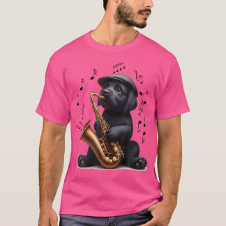 Camiseta Recuperador negro de labrador jugando a saxofón de