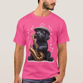 Camiseta Recuperador negro de labrador jugando a saxofón de