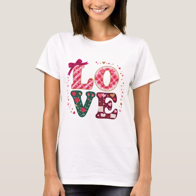 Camiseta Red and Pink Love Lettering Floral Hearts Art (Anverso)