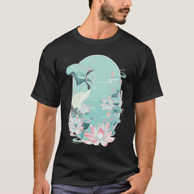 Camiseta Red Crowned Crane Bird Water Lily Lotus Flower Chi (Anverso)
